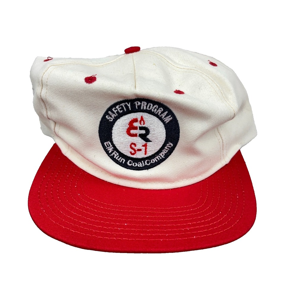 Vintage Elk Run Coal Mine Trucker Hat Cap Rope 90s Massey Energy USA Red White